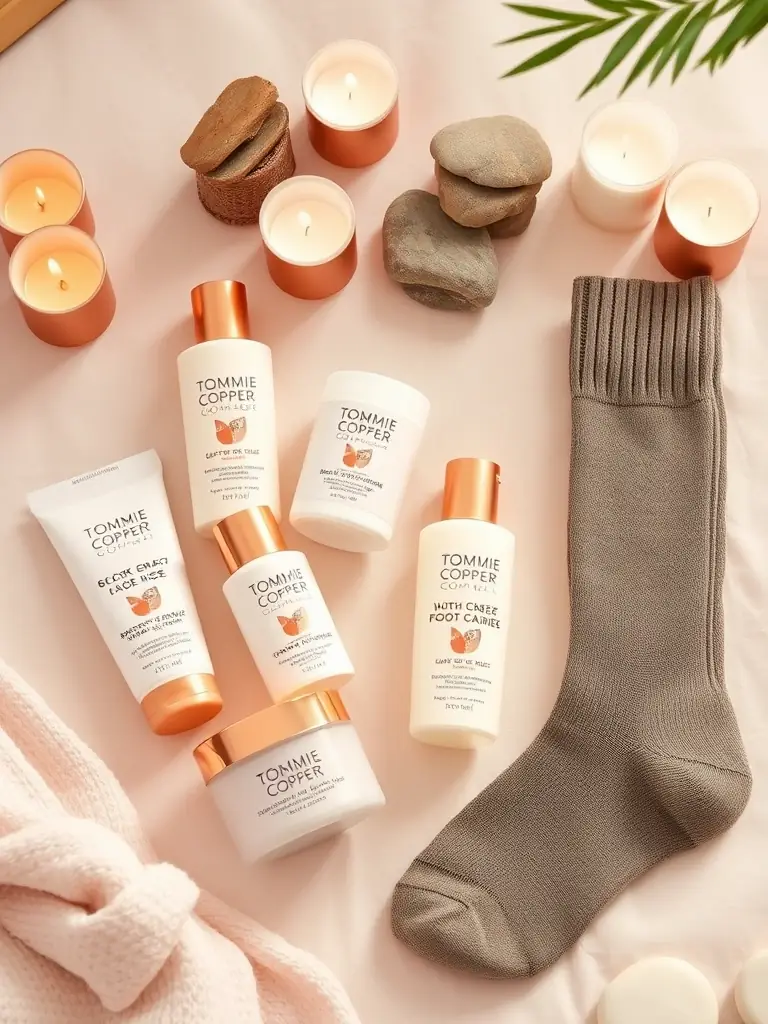 A comforting image featuring foot care products from Tommie Copper, including creams and supportive socks, arranged to emphasize relief and care. The setting is a relaxing spa environment.