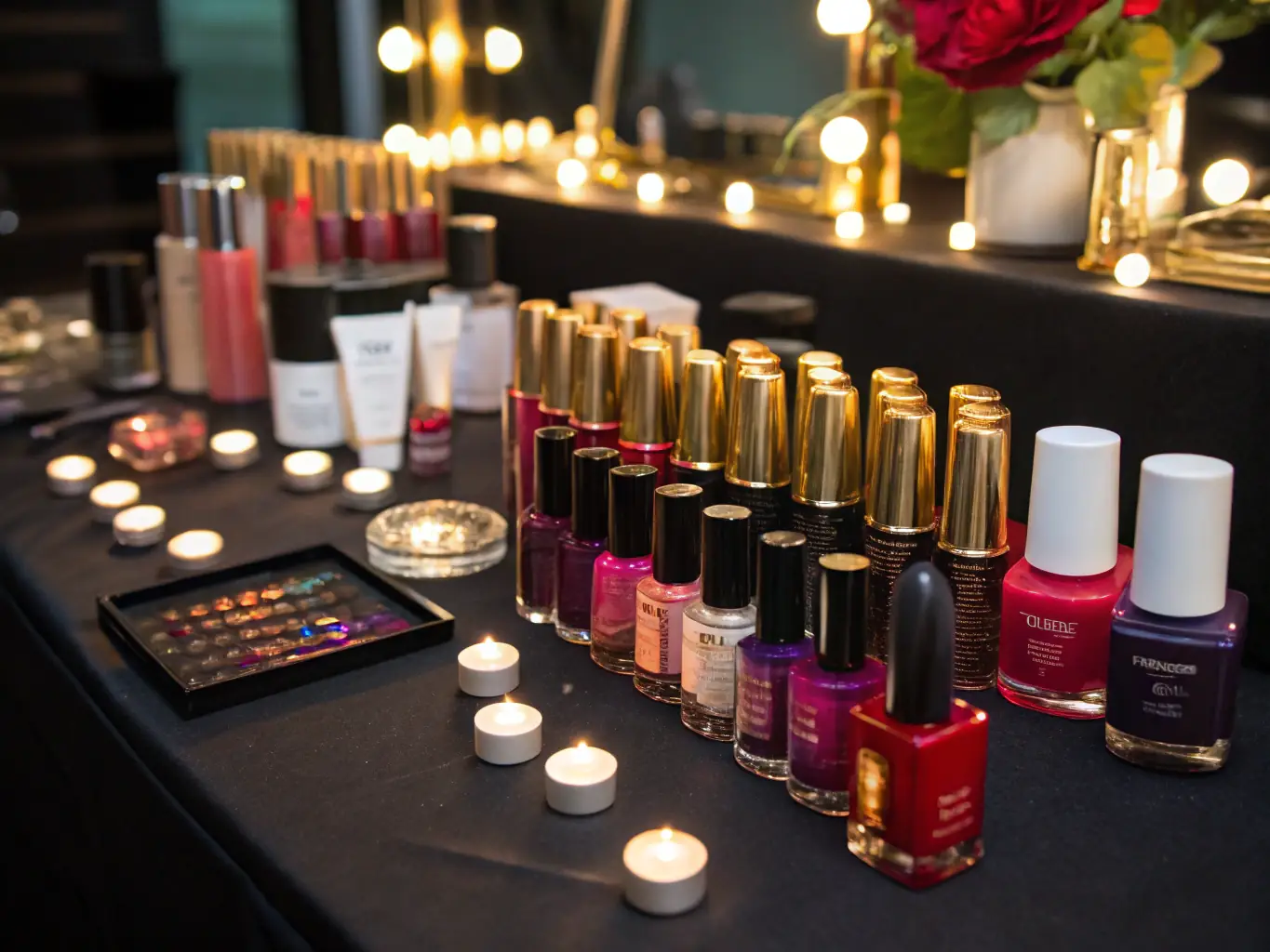 A colorful display of nail care products including polishes and nail art tools, showcasing the wide selection of nail care items available at Romey Inc.