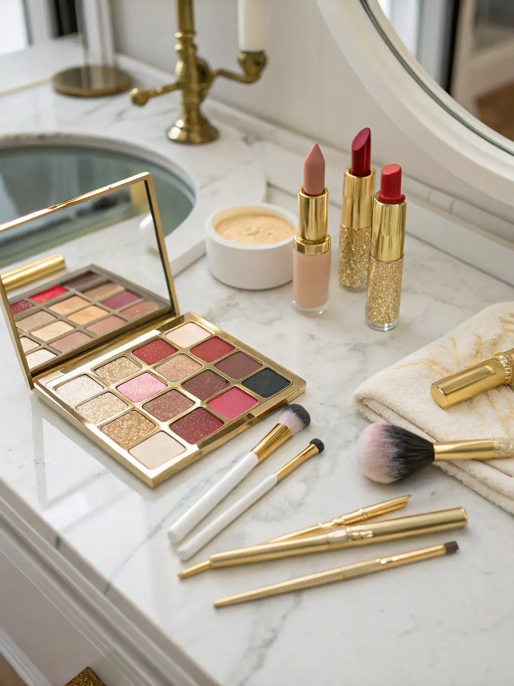 A close-up shot of various makeup products, including foundations, lipsticks, and eyeshadows, neatly arranged to showcase the textures and colors available. The lighting is soft and flattering.