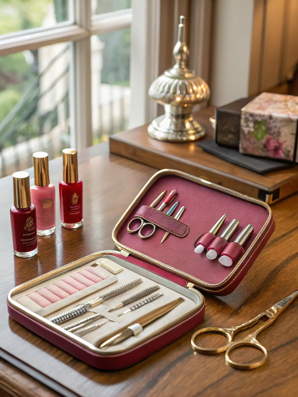 An image displaying a selection of nail care products, including polishes, treatments, and tools, arranged to highlight the variety and quality. The background is a clean, minimalist setup.