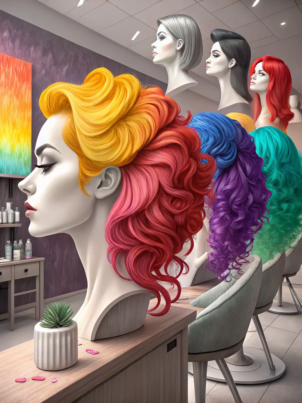 A vibrant image showcasing a variety of hair color products from Issue Professional and Issue Color, arranged to highlight the range of shades and packaging. The setting is a modern salon, emphasizing professional quality.